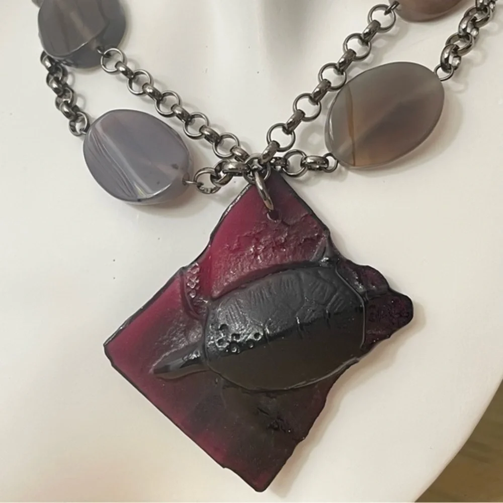 Handmade Maroon Glass Turtle Agate Statement Necklace Handmade Ocean Metal Gift